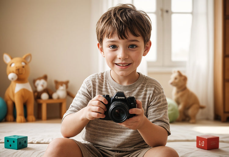 Dečak od 10 godina drži fotoaparat dok se smeje u svojoj sobi okružen igračkama